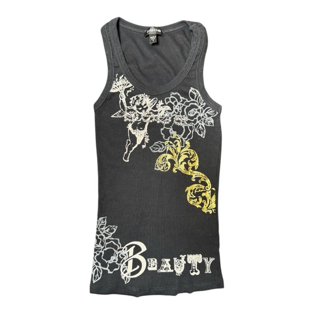 Y2K Bebe Black Ribbed McBling Rhinestone Cherub Romantic Tank Size Extra Small